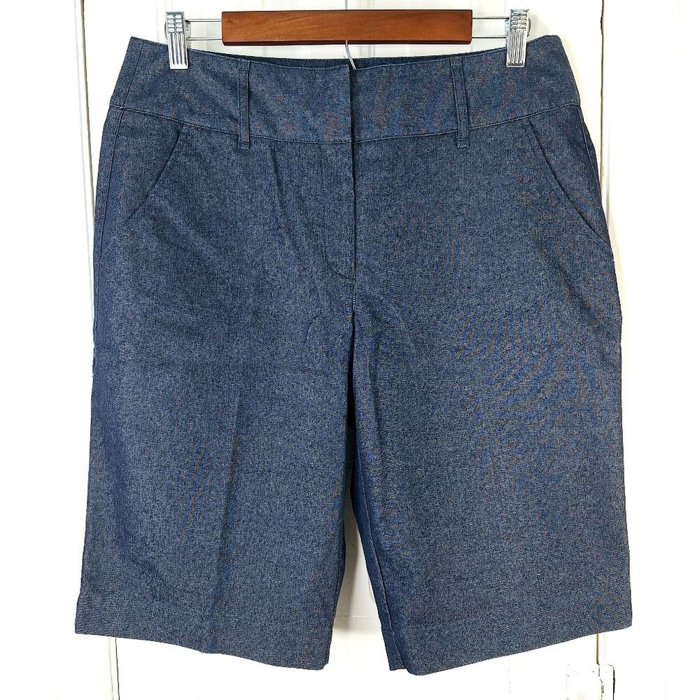 Dana Buchman Blue Bermuda Fitted Long Denim Jean Shorts Sz 10 - Picture 2 of 10